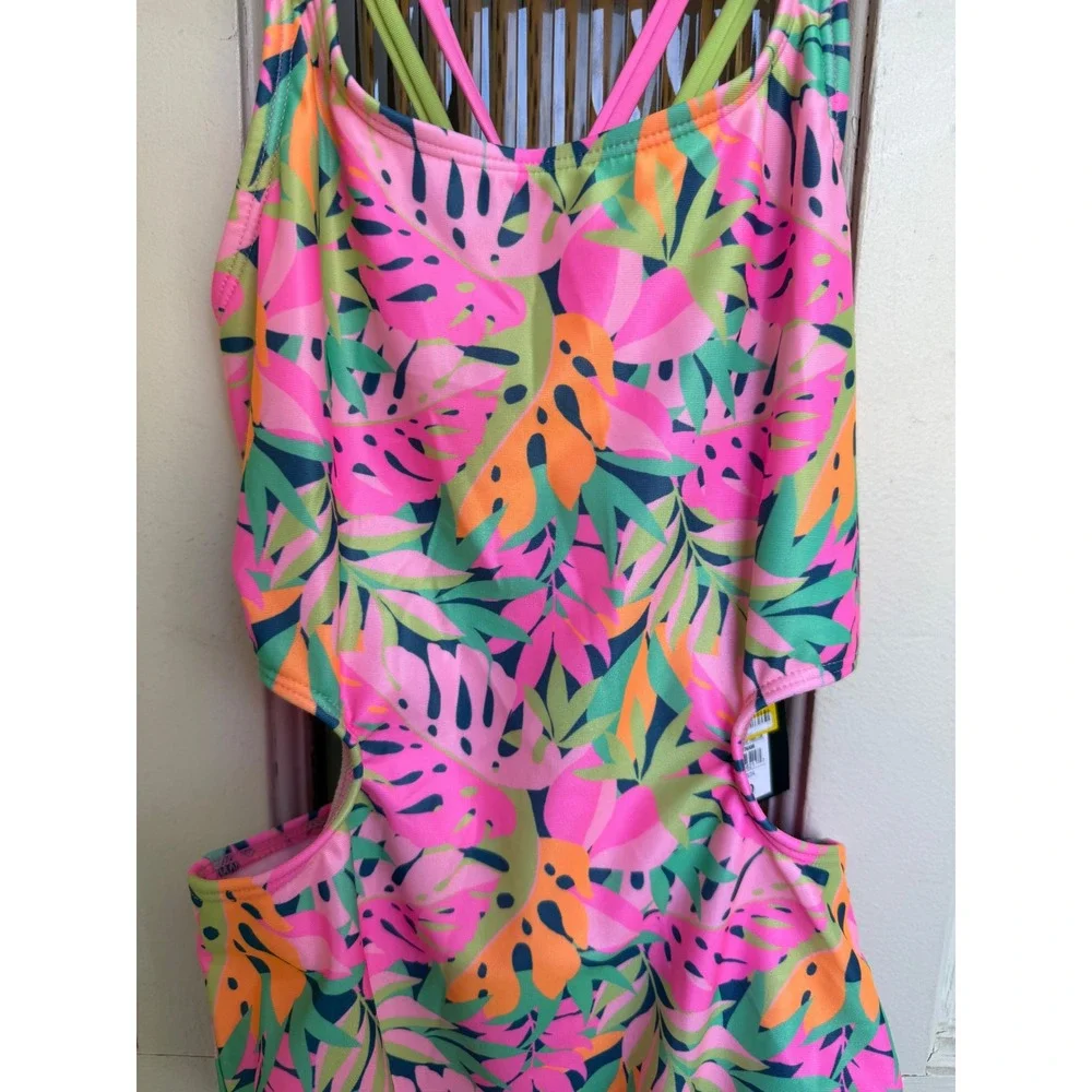 Art Class Girls Tropical Monstera Cut-Out One Piece‎ Swimsuit Pink Size 10/12